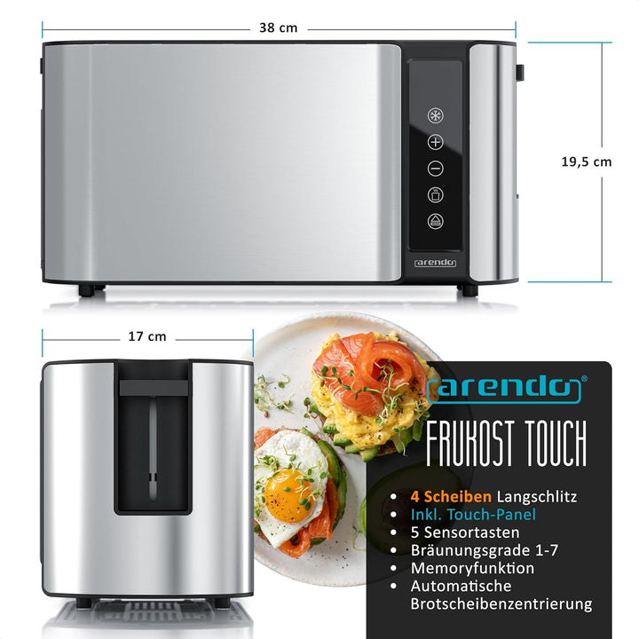 Arendo - Edelstahl Toaster Langschlitz 4 Scheiben - Touchscreen – Doppelwandgehäuse – 1500 W – Integ