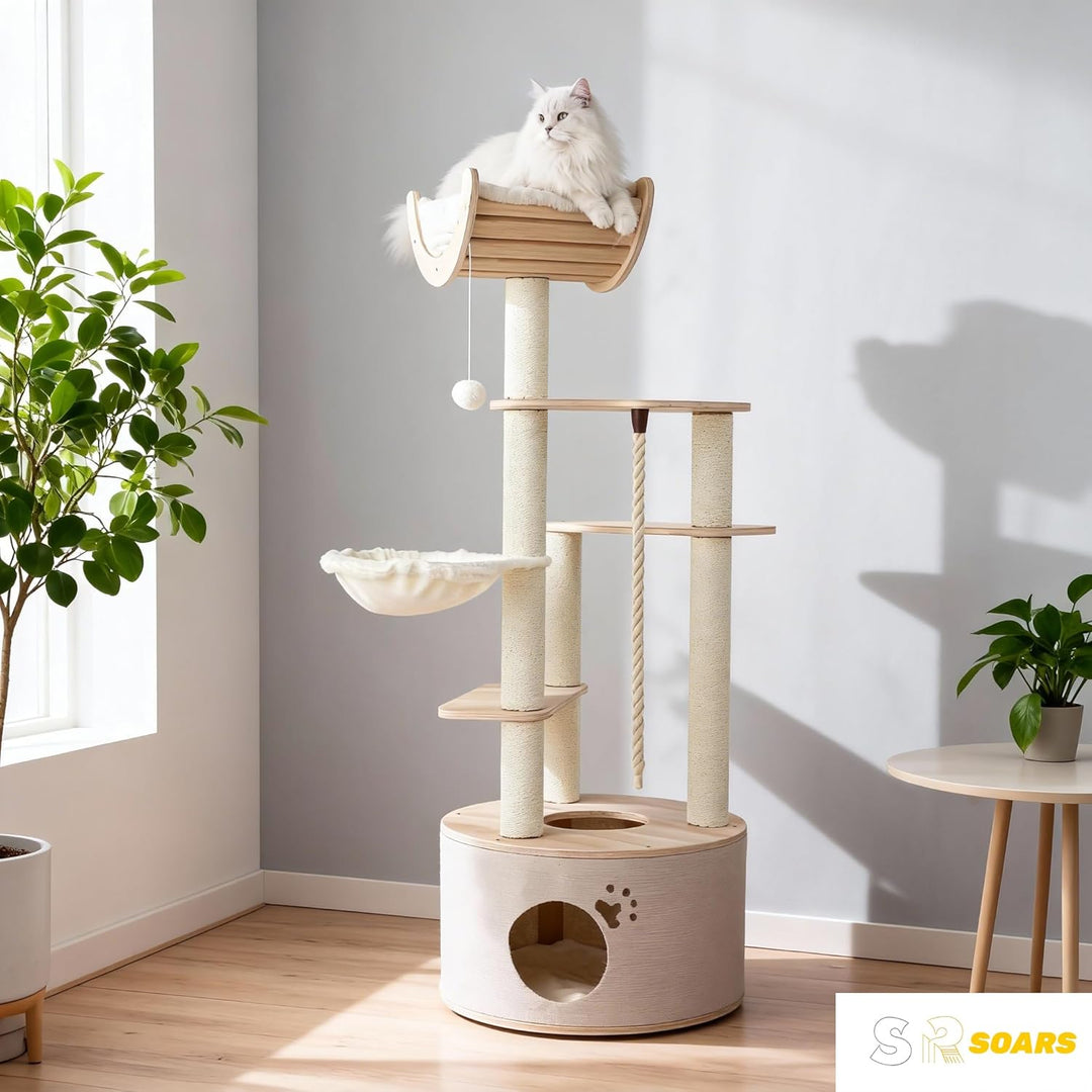 SOARS Kratzbaum, 141 cm Katzenbaum mit Höhle, Hängematte, gebogener Plattform, Hängebäll und waschba