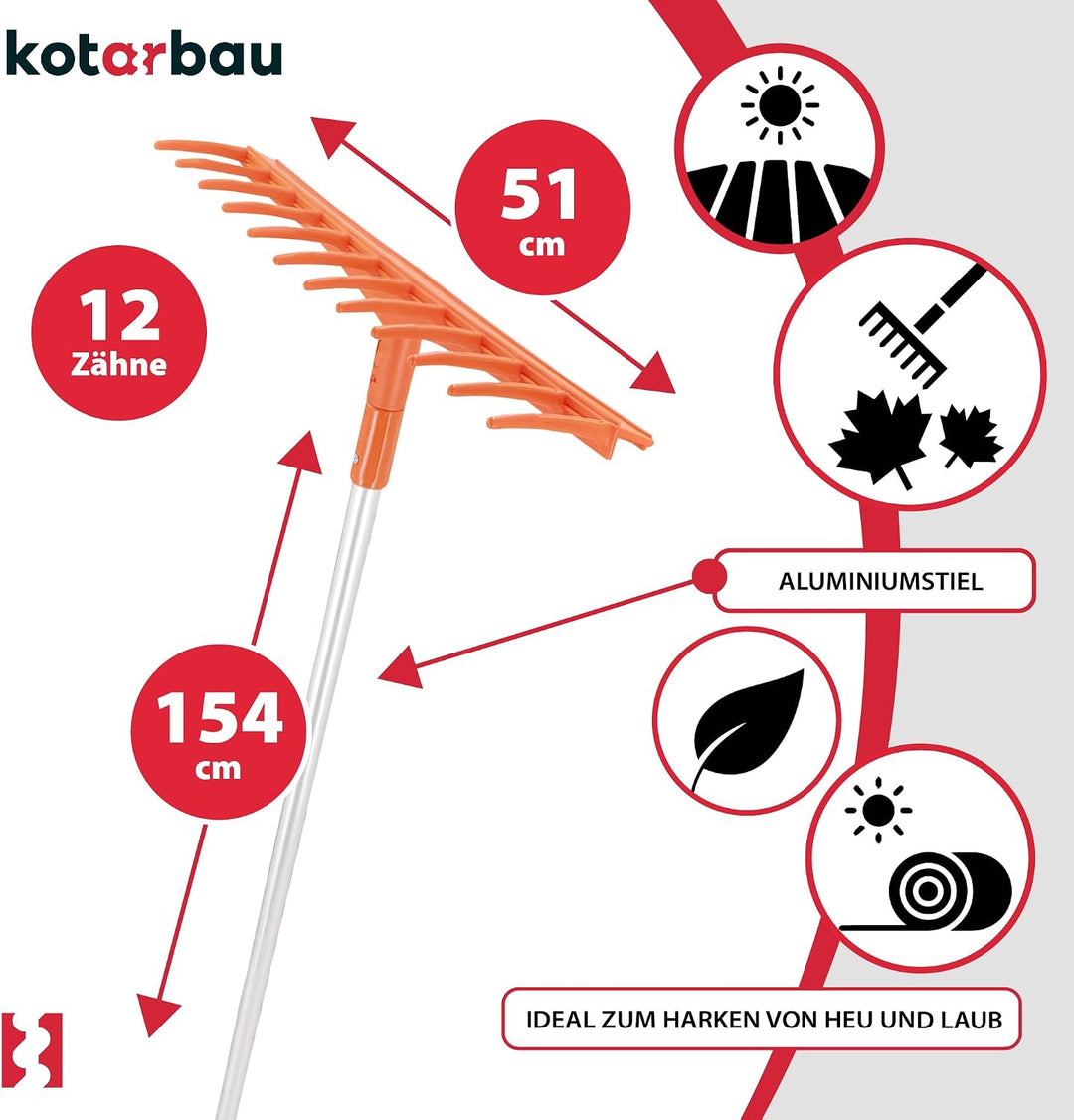 KOTARBAU® Heurechen - 51 cm - mit Aluminiumstiel 1,54 m - Laubrechen Kunststoff - 12 Zinken - Rechen