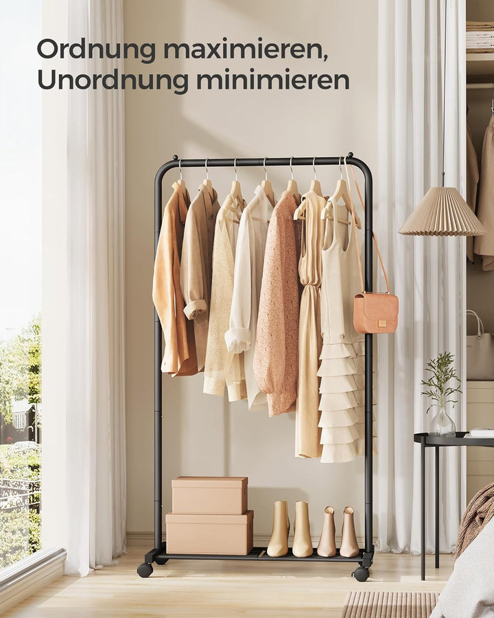 SONGMICS Kleiderständer, Kleiderstange auf Rollen, Garderobenständer 74 cm breit, Rollgarderobe mit
