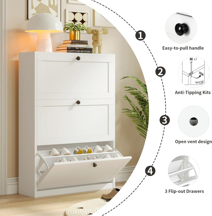 VOWNER Schuhschrank mit 3 Klappen, Schuhregal Schuhkipper Schmal, Schuhschrank Weiss, mit 6 Fächern,