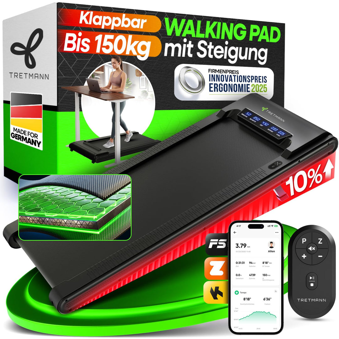 NEU Tretmann Walking Pad mit Steigung klappbar – extra leise [LongLife Laufdeck] mit App bis 150 kg