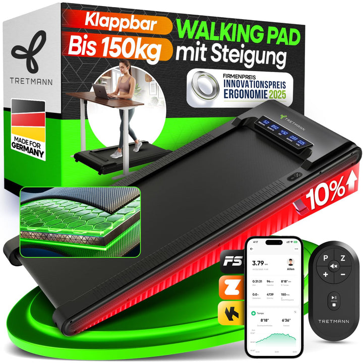 NEU Tretmann Walking Pad mit Steigung klappbar – extra leise [LongLife Laufdeck] mit App bis 150 kg