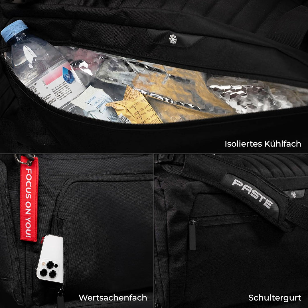 PASTE® - Premium Sporttasche 63L mit Rucksackfunktion und Kühlfunktion, Schuhfach & Nassfach Schwarz