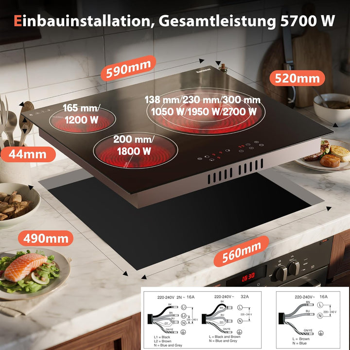 Karinear Eingebautes 60-cm-Keramikkochfeld, 3-Zonen-Elektrokochfeld mit Touch-Steuerung, Kindersiche