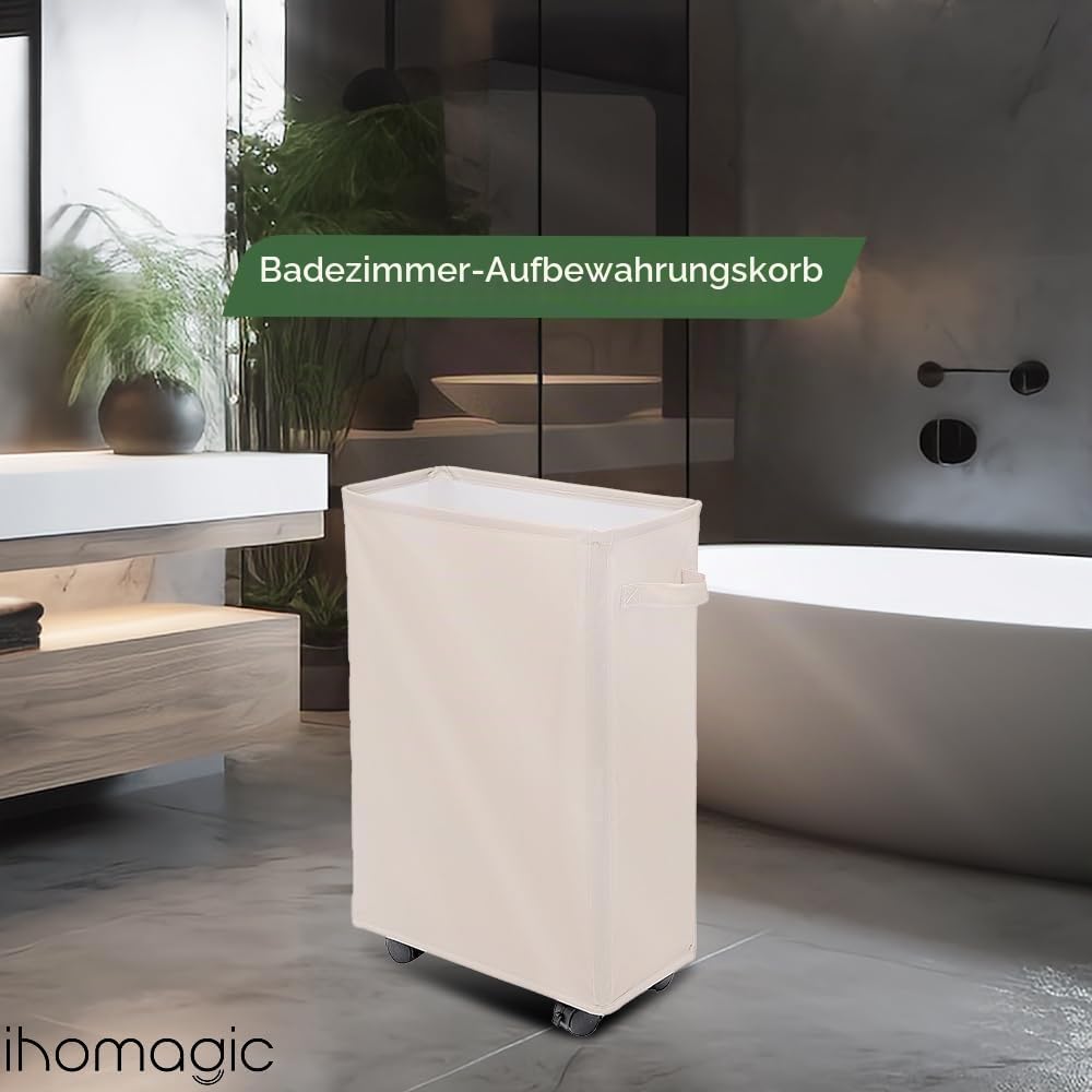 IHOMAGIC 40L Wäschekorb mit Rädern, Faltbarer Wäschesammler mit Rollen, Schmal Rechteckiger Wäschebe