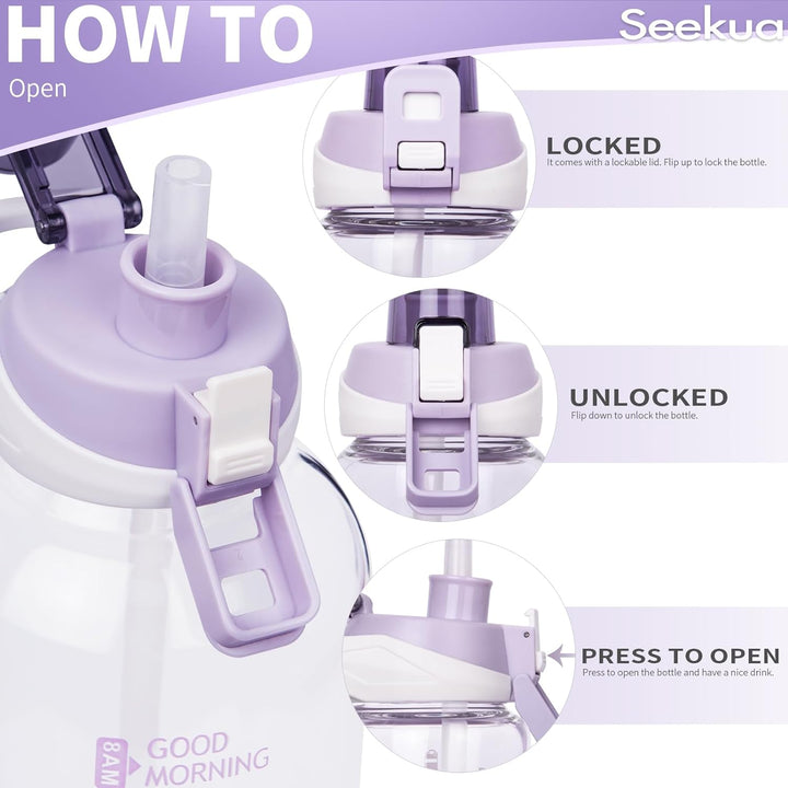 Seekua 1.5 liter Sport Trinkflasche Glas Flasche mit Strohhalm & Zeitmarkierung auslaufsicher bpa fr