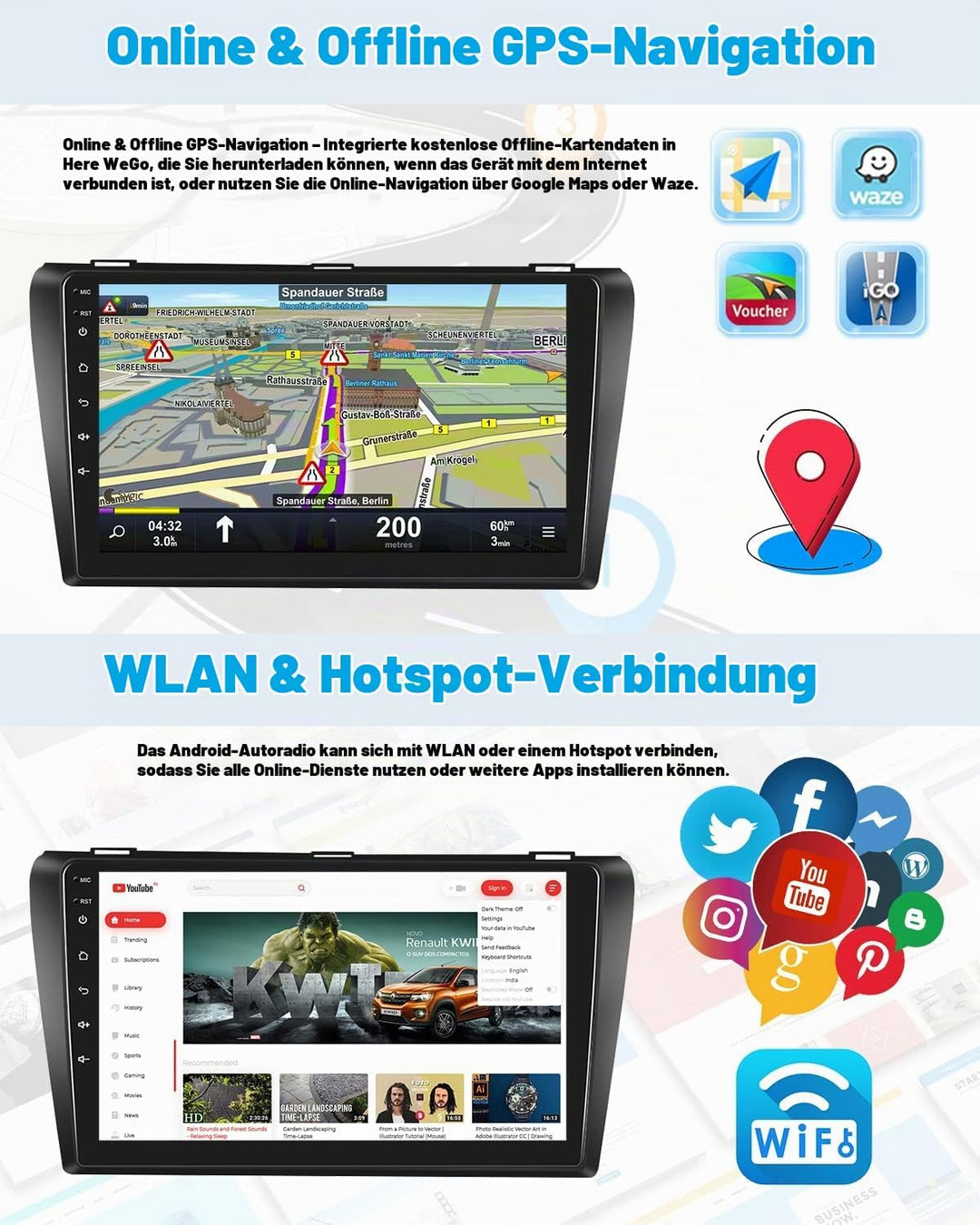 Hikity Carplay für Mazda 3 2006-2012 Android Autoradio, 2GB+64GB, Android Auto Autoradio Bluetooth m