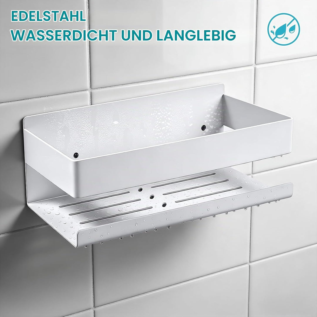 EXLECO Hoch Weiss Duschablage Ohne Bohren Duschregal Wand 23CM Edelstahl Badregal mit 4 Haken Duschk