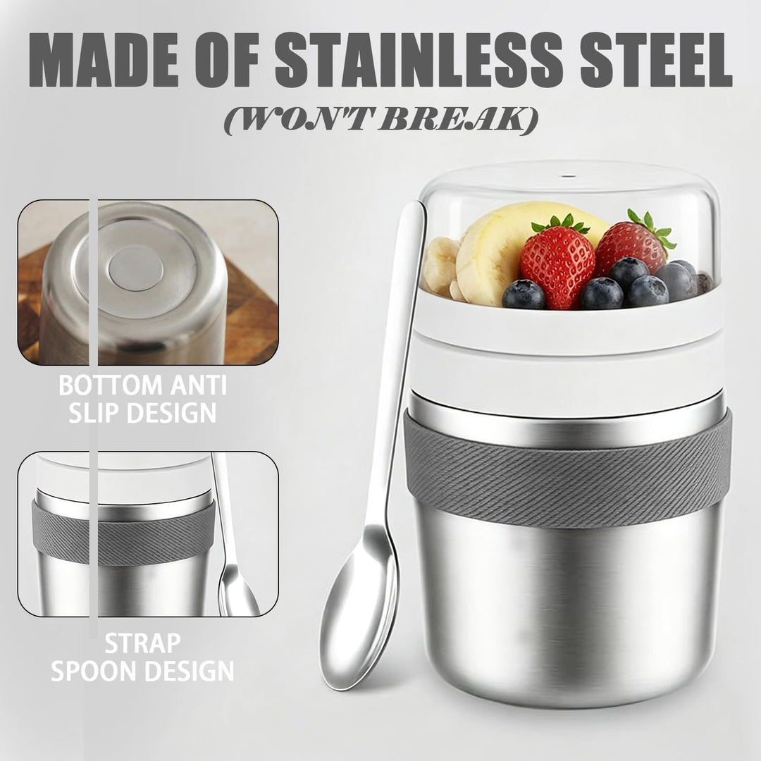 Edelstahl Müslibecher to Go 500ml+220ml mit Löffel, Doppelwandiger Vakuumisolierter Joghurtbecher, A