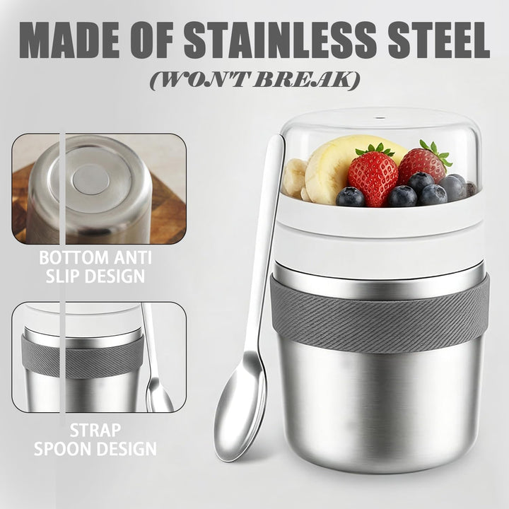 Edelstahl Müslibecher to Go 500ml+220ml mit Löffel, Doppelwandiger Vakuumisolierter Joghurtbecher, A