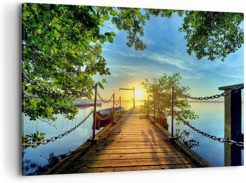 Bilder auf Leinwand 100x70cm Leinwandbild See Sonnenuntergang Boot Landschaft Gross Wanddeko Bild Sc