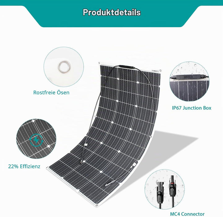 Monokristallines Solarpanel Kit System 100W Flexibles Solarmodul 10A 12V/24V Solarladeregler Marine
