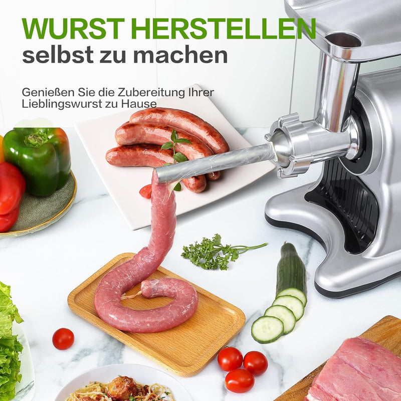 AMZCHEF 4-IN-1 Maschine - ①Entsafter / ②Gemüseschneider / ③Fleischwolf / ④Wurstmacher - Silber 4-IN-