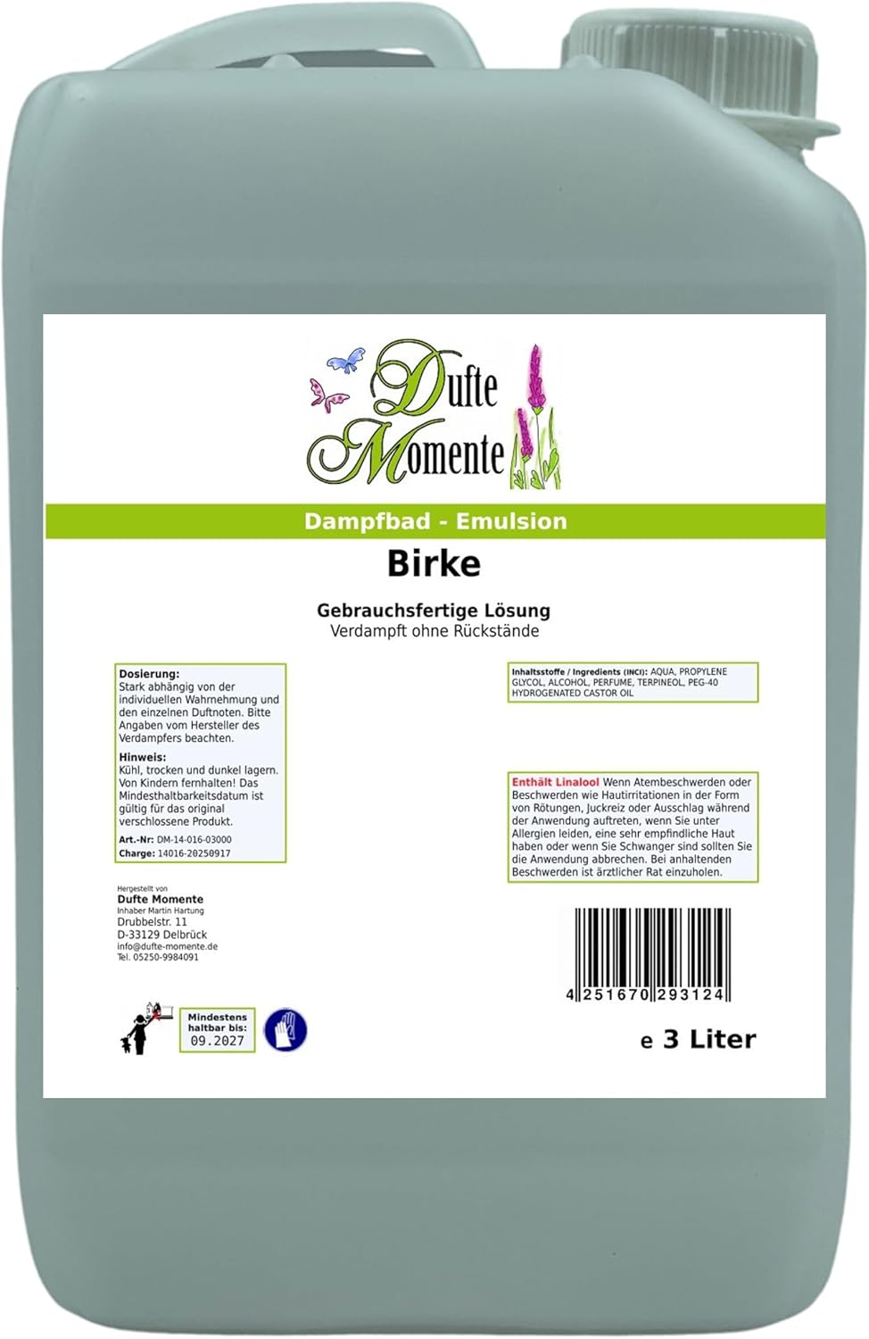 Dufte Momente Dampfbad-Emulsion 3 Liter Birke | gebrauchsfertig | Hochwertige Formel | Für gewerblic