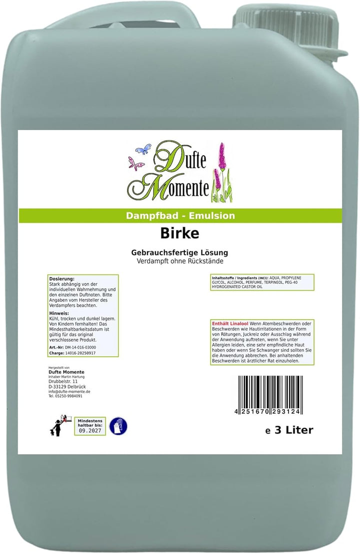 Dufte Momente Dampfbad-Emulsion 3 Liter Birke | gebrauchsfertig | Hochwertige Formel | Für gewerblic