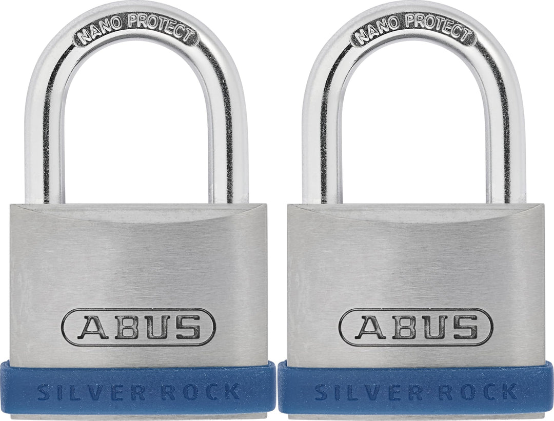 ABUS Vorhängeschloss Silver Rock 5/40 aus massivem Zink - 2er Set - mit Silikon Schutzrahmen - Kelle
