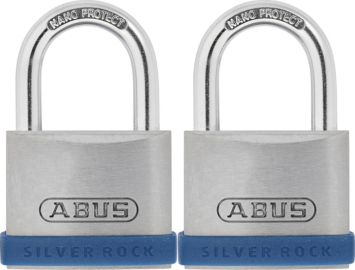 ABUS Vorhängeschloss Silver Rock 5/40 aus massivem Zink - 2er Set - mit Silikon Schutzrahmen - Kelle