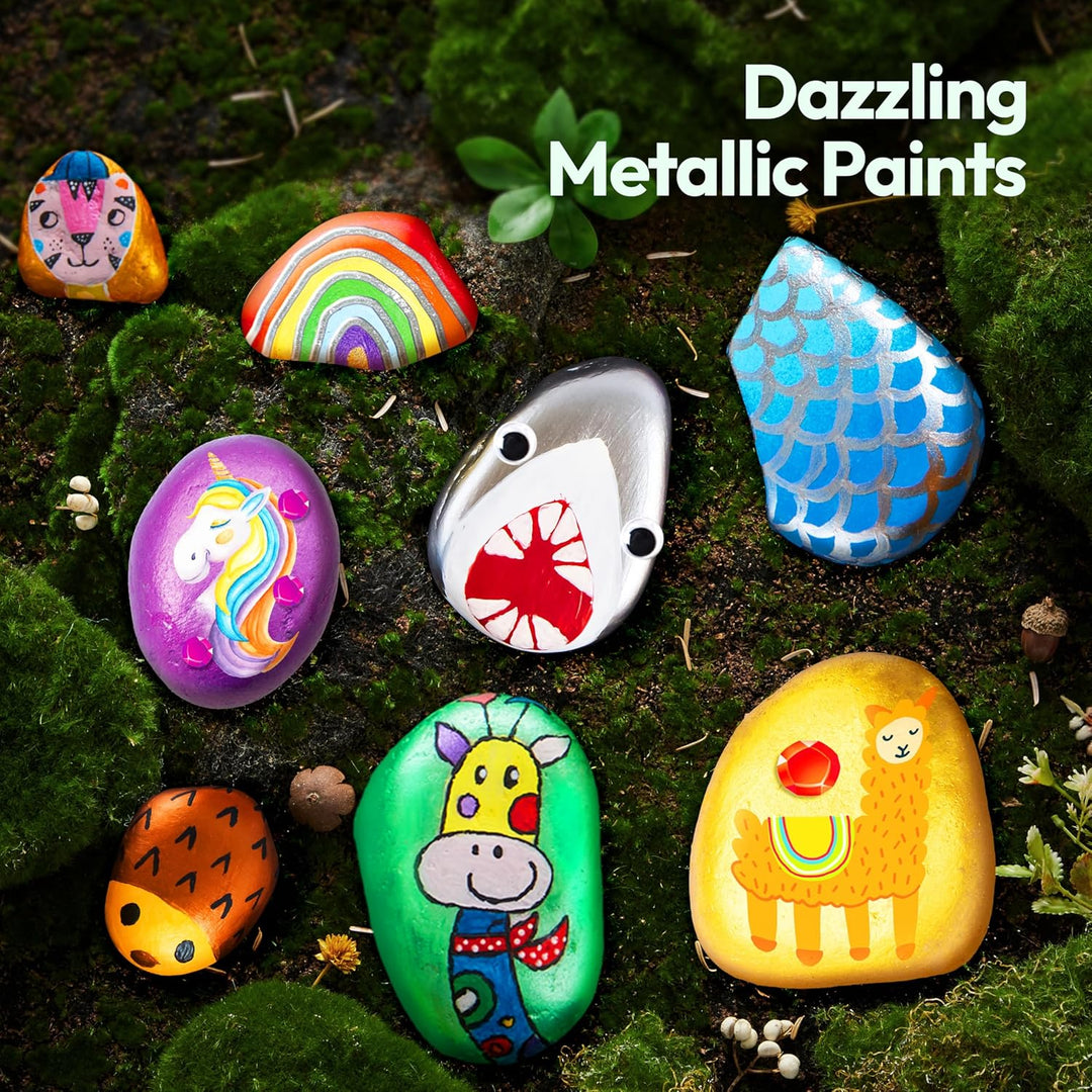 JOYIN 10 Stück Steine Bemalen Set für Kinder mit 18 Farben (Standard Metallicfarben,Aufkleber, Glitz
