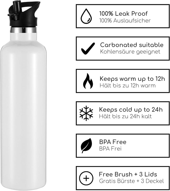 Milu Edelstahl Trinkflasche 350ml 500ml 750ml 1000ml (+3 Deckel) - Thermosflasche mit Strohhalm, Iso