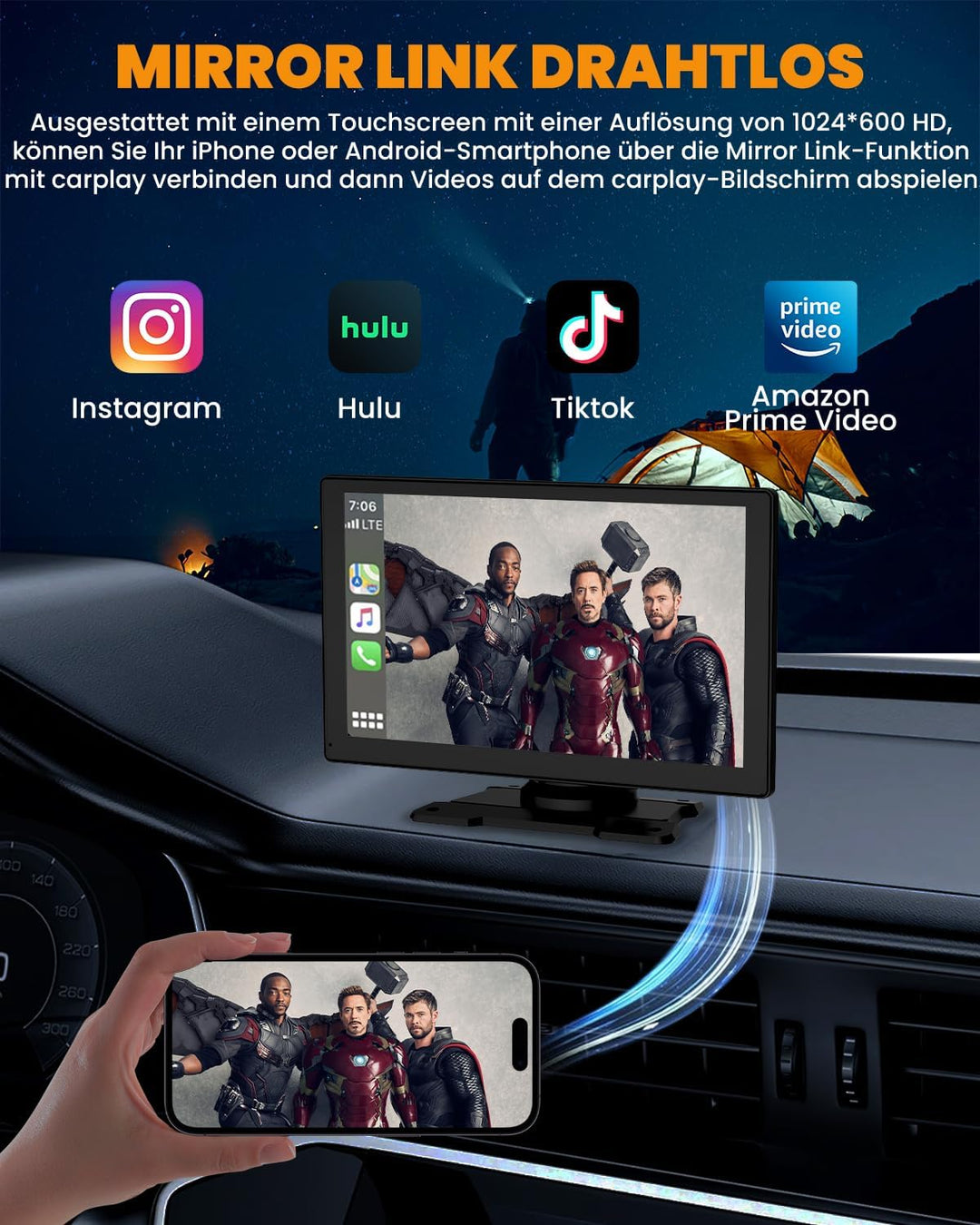 Carplay Display, 9" Apple carplay, Android Auto Display mit 1080P HD Rückfahrkamera & Frontkamera, G