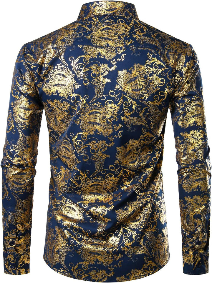 PARKLEES Herren Luxus Paisley Gemustert Golden Glänzend Slim Fit Freizeithemd XL Navy Golden, XL Nav