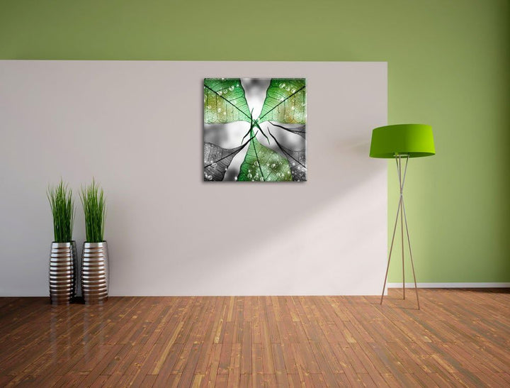 Pixxprint grüne Blätter mit Wassertropfen schwarz/weiss, Format: 70x70 auf Leinwand, 70x70