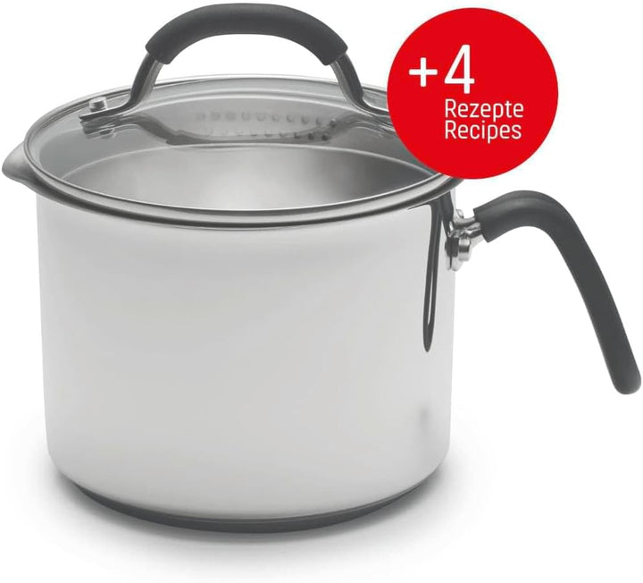 Coolinato - Milchtopf mit Ausgiesser und Glasdeckel I 16 cm, 2,4 Liter I Edelstahl Universaltopf für