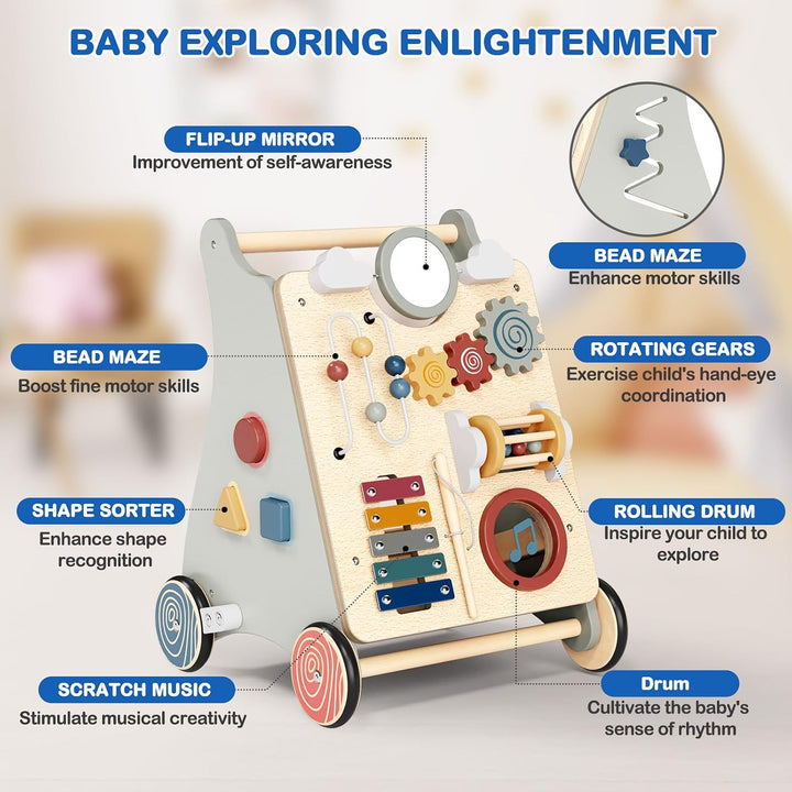2 in 1 Multifunktional Lauflernwagen Holz Baby Lauflernhilfe ab 1 Jahr, Baby Walker Schiebewagen mit