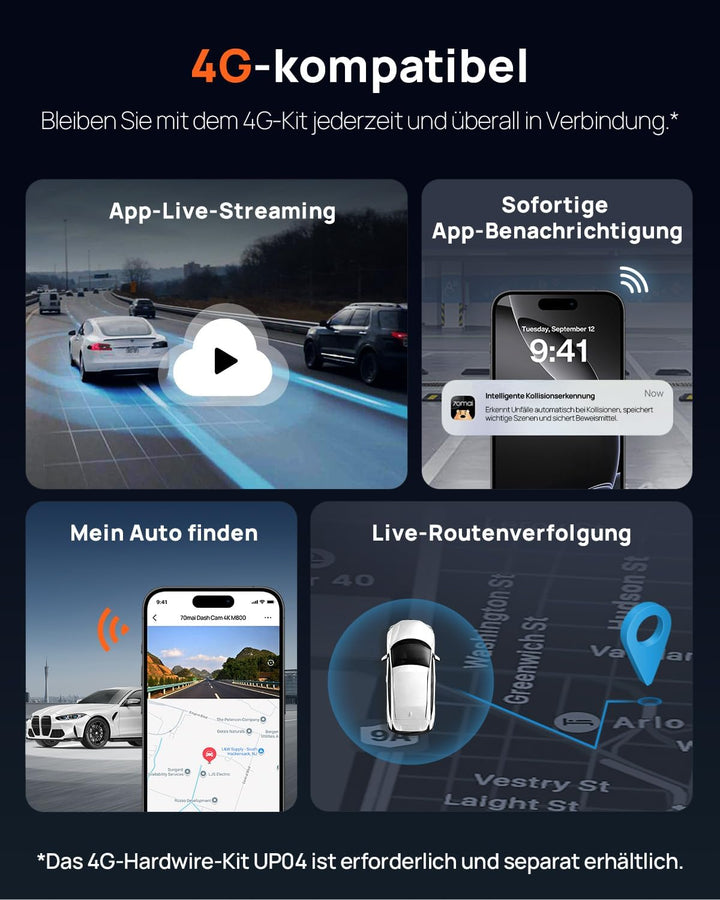 70mai M800 4K Dashcam Auto Vorne und Hinten, STARVIS 2 IMX678 Super Nachtsicht & F1.7-Blende, Dual H