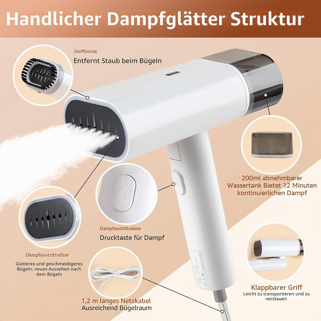 Dampfer für Kleidung,Handdampfer mit horizontalem und vertikalem Dampfen, 20s Aufheizen 120ml Wasser