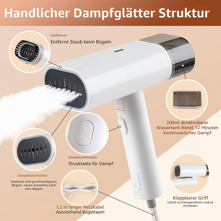 Dampfer für Kleidung,Handdampfer mit horizontalem und vertikalem Dampfen, 20s Aufheizen 120ml Wasser