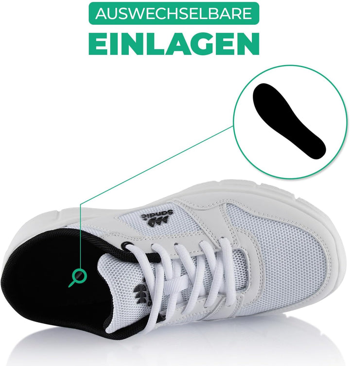 Fusskleidung® Damen Herren Hausschuhe atmungsaktive Clogs leichte Pantoffeln, 36 EU Weiß Schwar