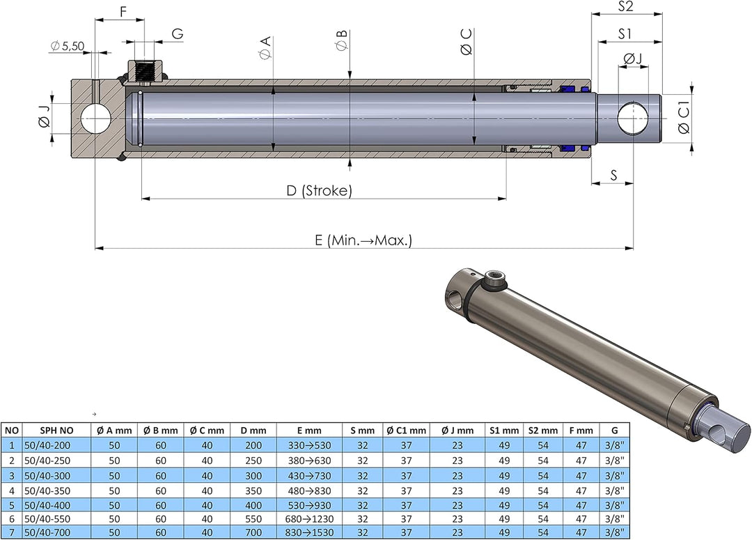 Hydraulik-Zylinder einfachwirkend mit Querbohrung (Ø 40, Hub mm : 250) Ø 40 Hub mm : 250, Ø 40 Hub m