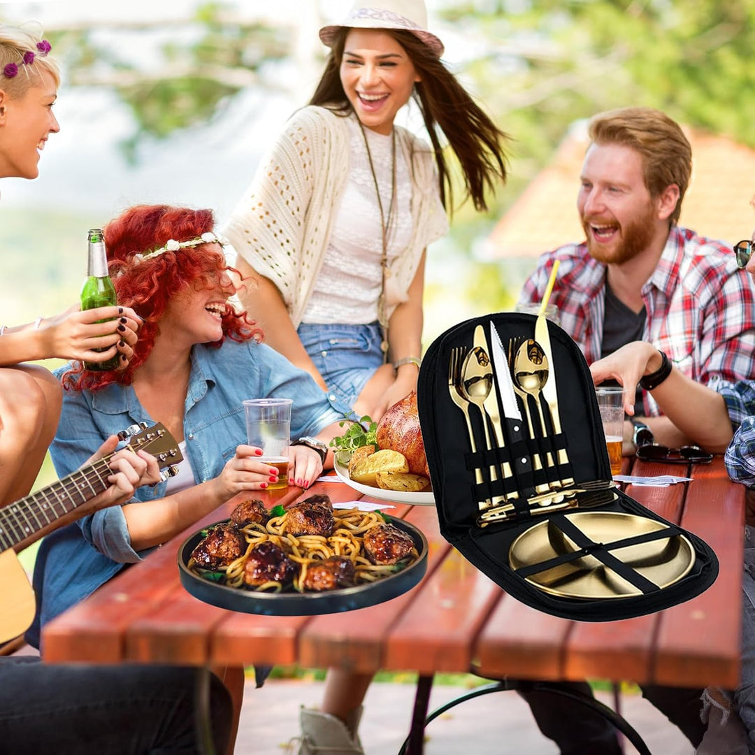 Camping Geschirr Set für 2 Personen, 10 Stück Tragbars Campingbesteck Set aus Edelstahl für Picknick