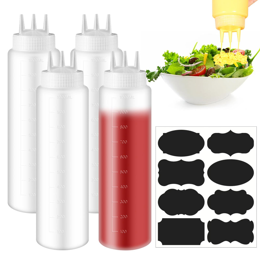 WEGREAT Squeeze Flasche 3 Spritzdüsen 4 Stück 1000ml Sossenflaschen mit Etikettieren Schreibstift, G