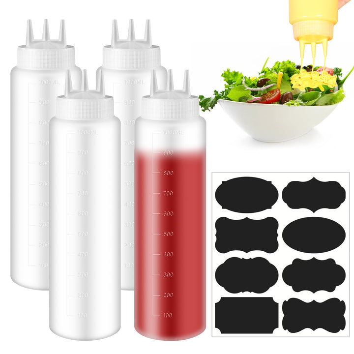 WEGREAT Squeeze Flasche 3 Spritzdüsen 4 Stück 1000ml Sossenflaschen mit Etikettieren Schreibstift, G
