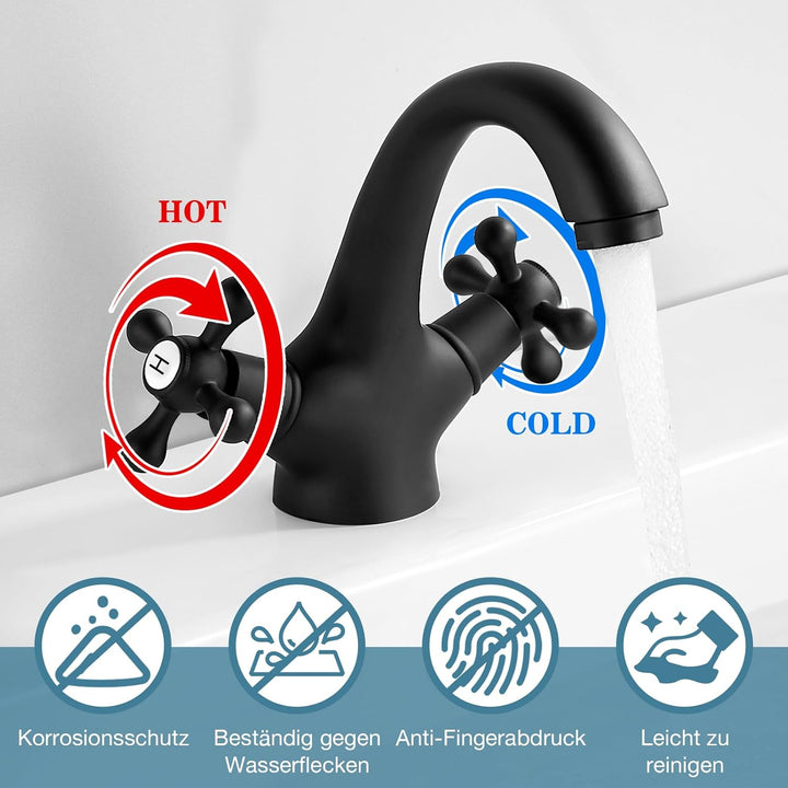 Wasserhahn Bad Schwarz, Waschtischarmatur Retro Zwei Griffe, Armaturen Bad Vintage, Waschtischarmatu