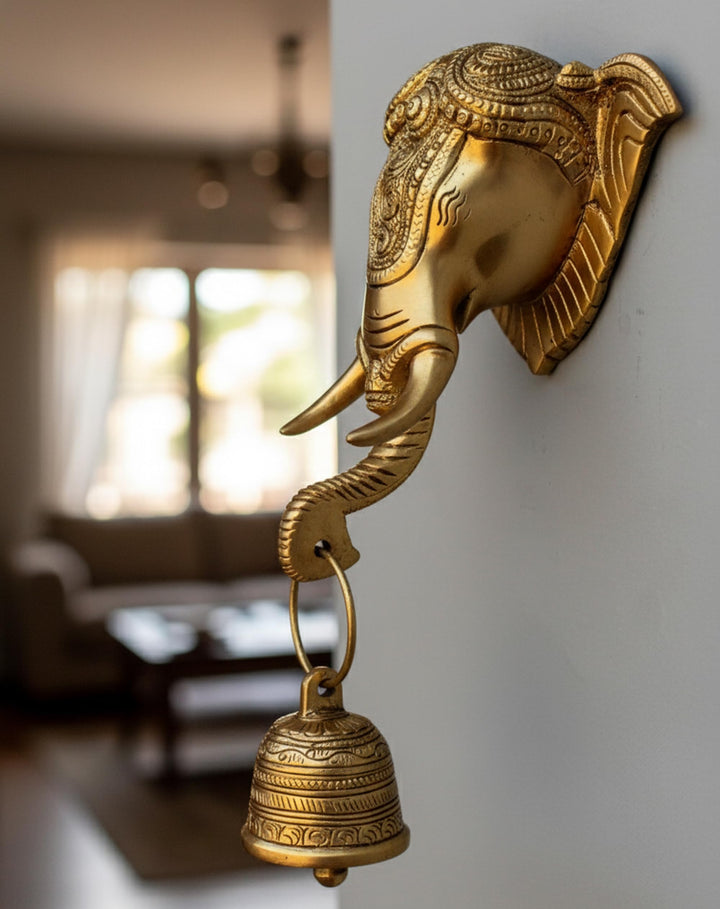 StonKraft Schöner Türklopfer mit Elefantengesicht, Türdekoration mit Messingglocke für Tür- und Wand