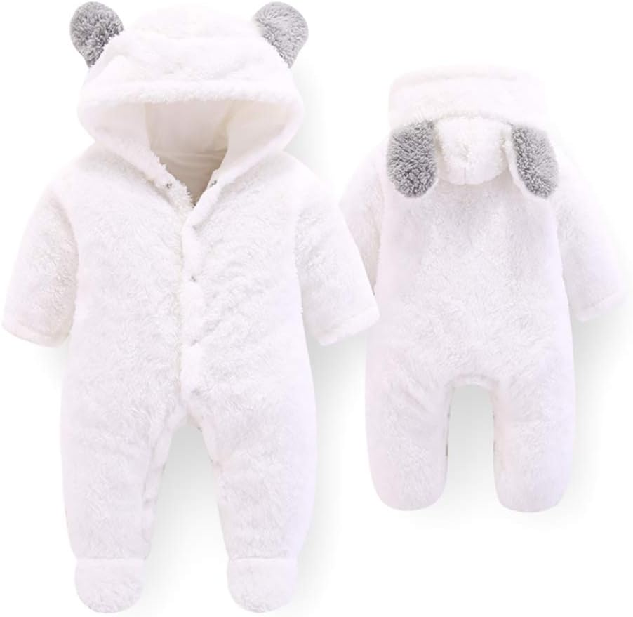 Neugeborene Baby Cartoon Bär Schneeanzug Wintermantel Fleece Kapuze Strampler Jumpsuit Weiss 3-6 Mon