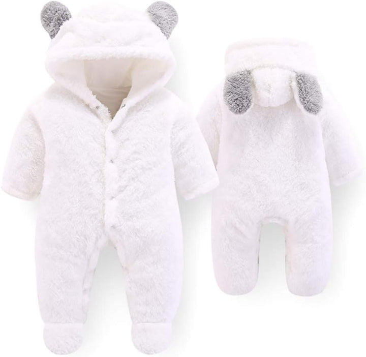 Neugeborene Baby Cartoon Bär Schneeanzug Wintermantel Fleece Kapuze Strampler Jumpsuit Weiss 3-6 Mon