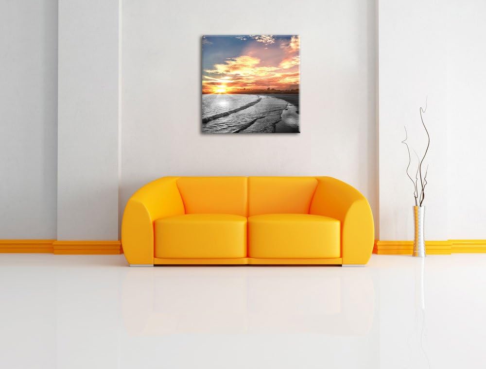Pixxprint Strand bei romantischem Sonnenuntergang schwarz/weiss, Format: 70x70 auf Leinwand, 70x70