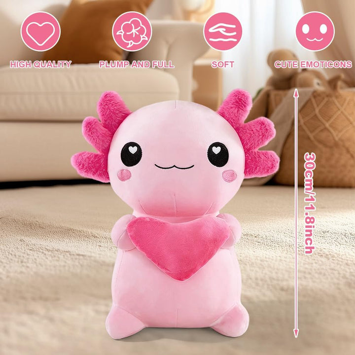 Axolotl Plüschtier Kuscheltier Stofftier, 30cm Kawaii Axolotl Plüsch mit Herz, Salamander Plüschtier