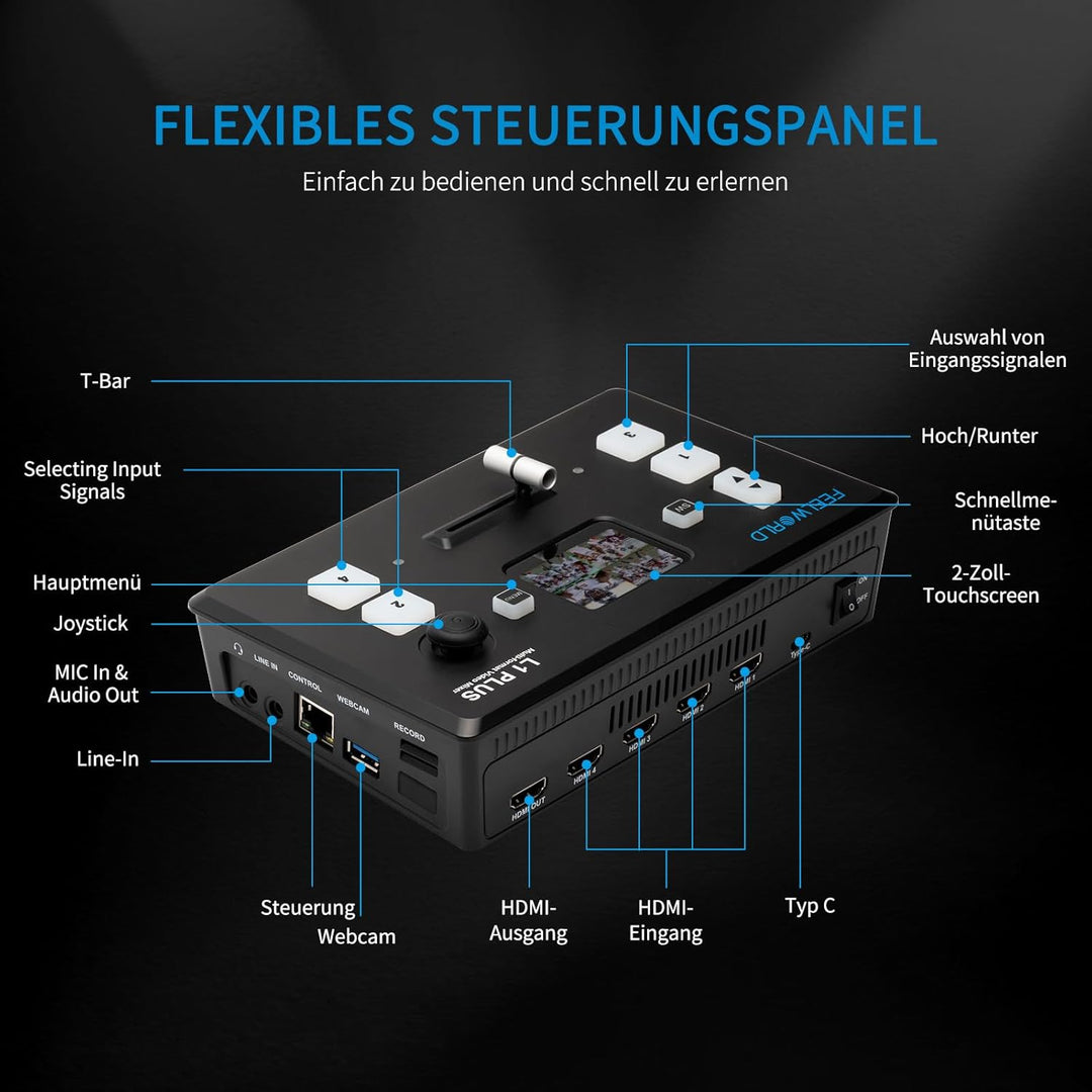 Feelworld LIVEPRO L1 Mini-Videomixer mit mehreren Formatumschaltern 4 x HDMI-Eingänge 2-Zoll-LCD-Dis