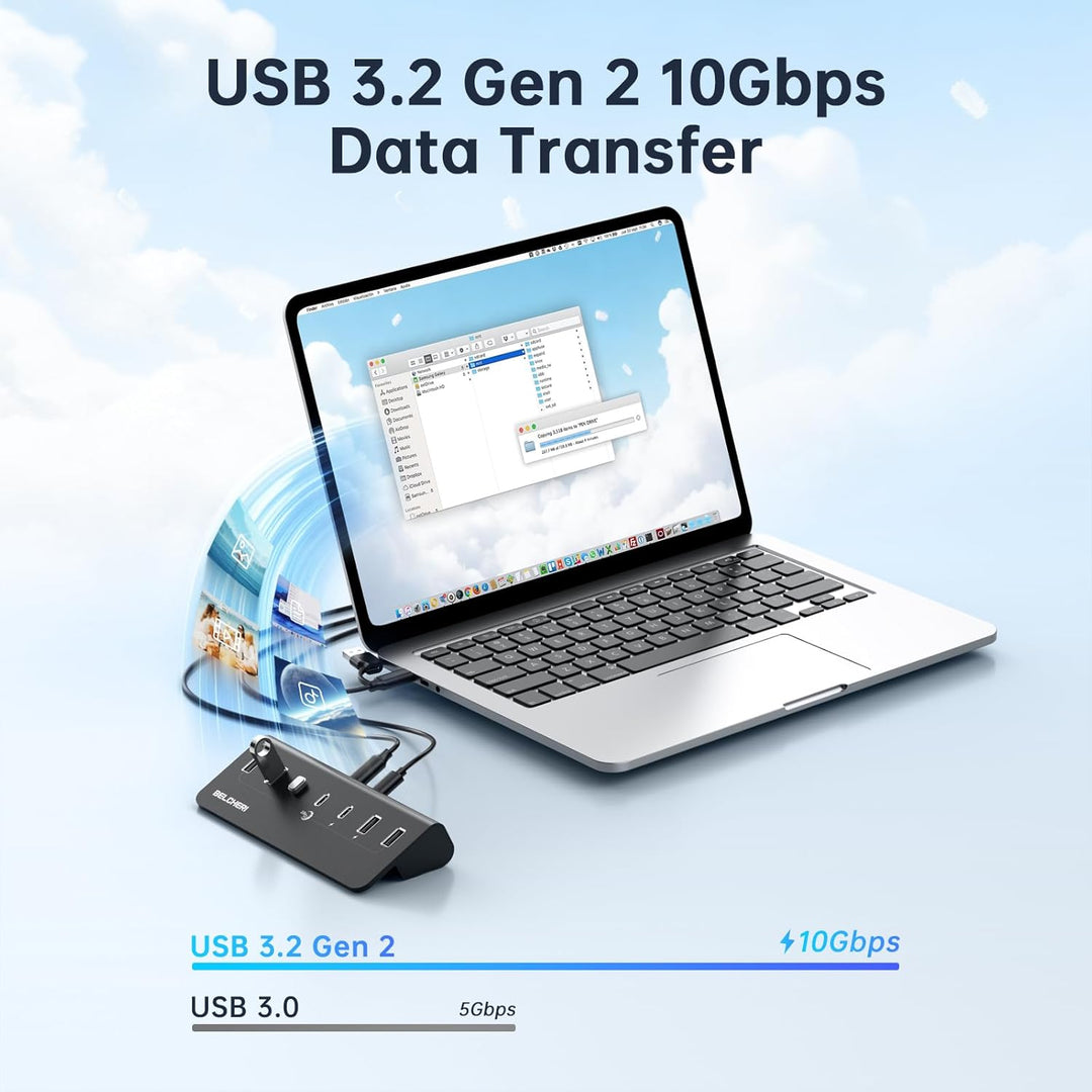 7 Port USB C Hub mit Netzteil, USB 3.2 Gen 2, 10Gbit/s Schneller Datenhub, Vollaluminium-Verlängerun