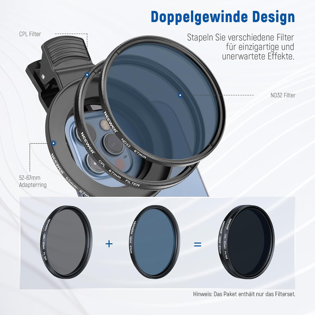 NEEWER 67mm ND+CPL+Effekt Filter Set mit Handy Phone Objektiv Klammer, Polfilter ND32, 6 Punkt Stern