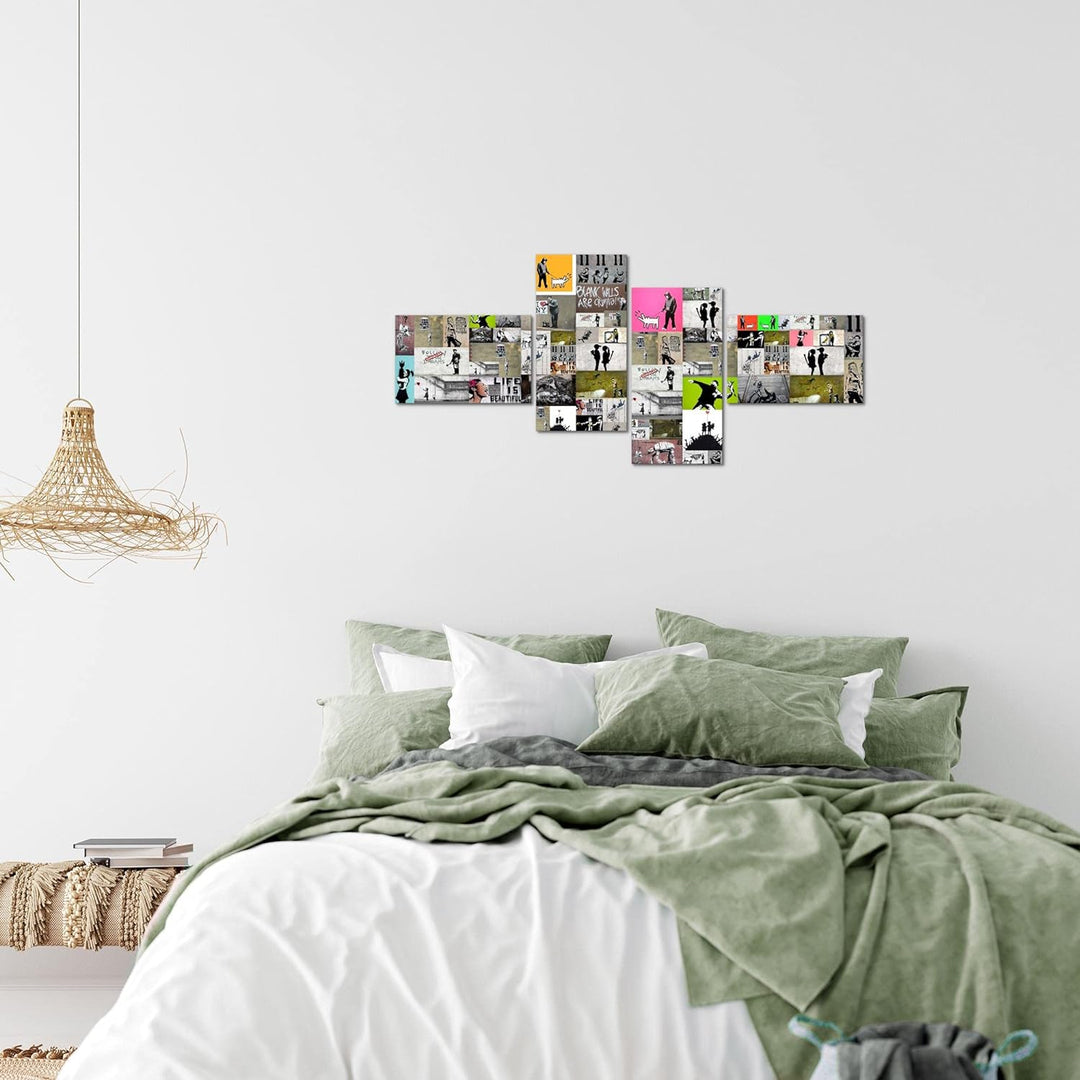 Runa Art Bild Modern Collage Banksy - Made in Germany - Wandbilder Street Art Bunt 4 Teilig 302742a