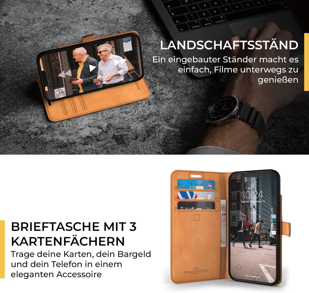 Snakehive iPhone 14 Plus Hülle Leder | Stylische Handyhülle mit Kartenhalter & Standfuss | Handyhüll