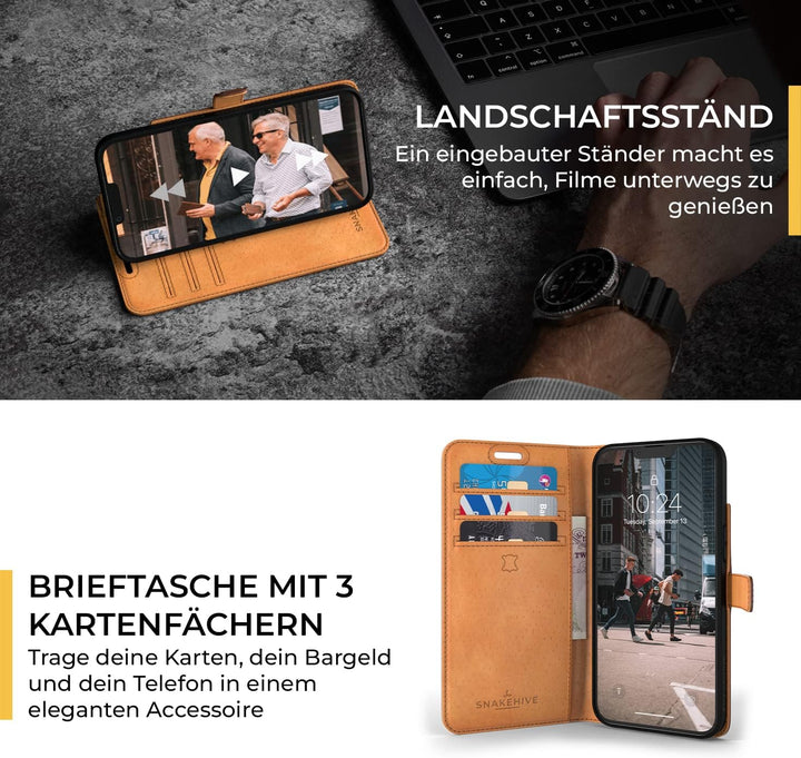 Snakehive iPhone 14 Plus Hülle Leder | Stylische Handyhülle mit Kartenhalter & Standfuss | Handyhüll