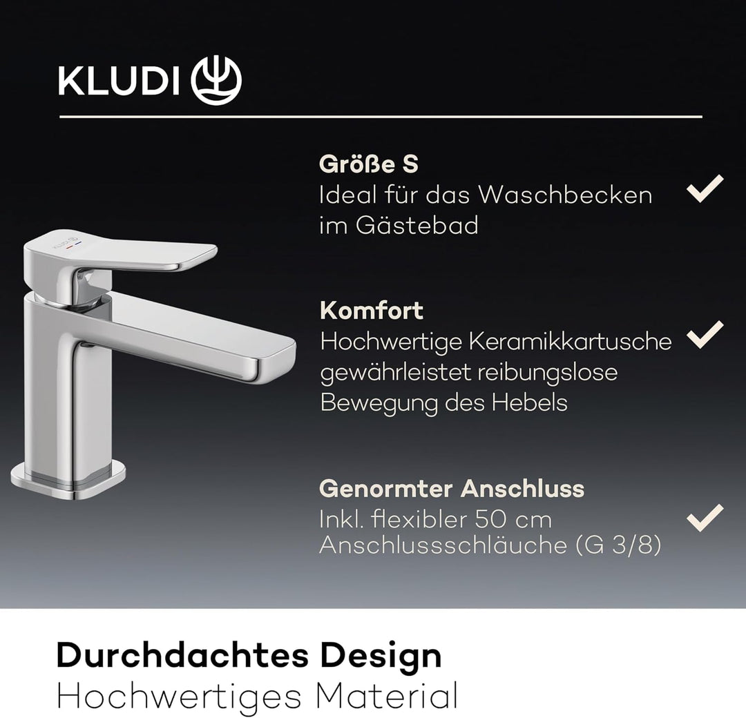 KLUDI-X3 Waschtischarmatur, Auslaufhöhe 85 mm, wassersparender Wasserhahn Bad Grösse S, Keramikkartu